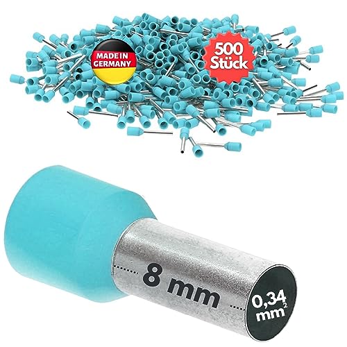 500 Stück Kalitec AE03408TK Aderendhülsen isoliert 0,34mm² 8mm lang türkis I Made in Germany I Industriequalität von Kalitec