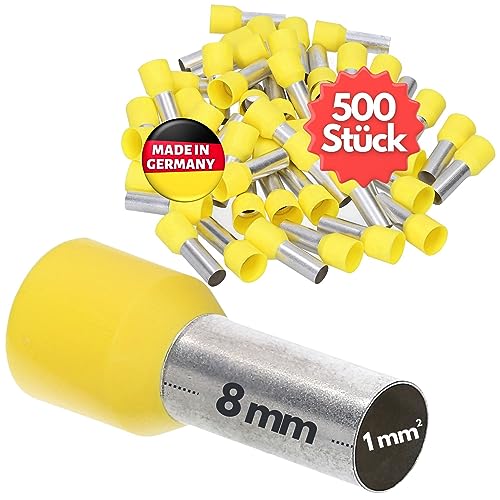 500 Stück Kalitec AE108GE Aderendhülsen isoliert 1,0mm² 8mm lang gelb I Made in Germany I Industriequalität von Kalitec