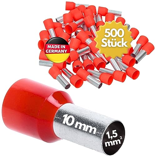 500 Stück Kalitec AE1510RT Aderendhülsen isoliert 1,5mm² 10mm lang rot I Made in Germany I Industriequalität von Kalitec