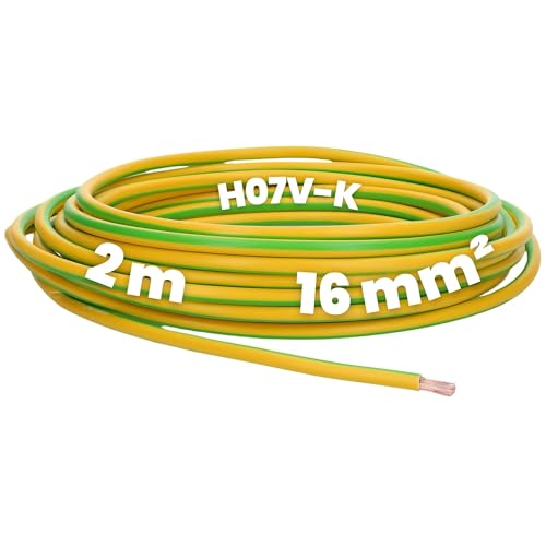 Kalitec 2 Meter H07V-K 16 mm² grün-gelb Verdrahtungsleitung I Aderleitung flexibel I Verdrahtung Erdungskabel I Schutzleiter 16mm2 I Litze PVC Einzelader I Verdrahtung feindrätig I Einzelleitung von Kalitec