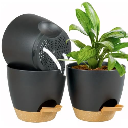 Kalizoi 16,5 cm Blumentopf mit Untersetzer, Selbstbewässerung Übertopf mit Drainagelöcher, Pflanzentopf für Innen Außen Pflanzen(3er-Set, Schwarz) von Kalizoi