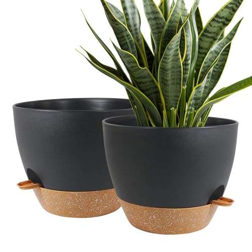 Kalizoi 30 cm Blumentopf mit Untersetzer, Selbstbewässerung Übertopf mit Drainagelöcher, Pflanzentopf für Innen Außen Pflanzen(2er-Set, Schwarz) von Kalizoi