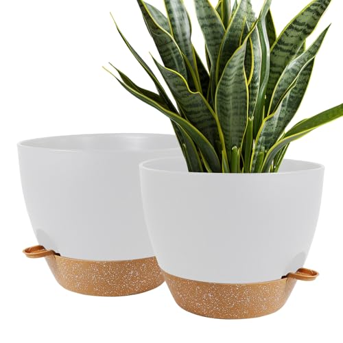 Kalizoi 30 cm Blumentopf mit Untersetzer, Selbstbewässerung Übertopf mit Drainagelöcher, Pflanzentopf für Innen Außen Pflanzen(2er-Set, Weiß) von Kalizoi