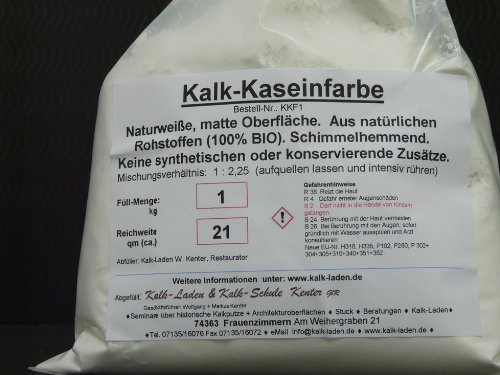 Kalk-Kaseinfarbe. Keine konservierende o. synthetische Zusätze (100% BIO). Schimmelhemmend. 1kg bis 21qm von Kalk-Laden