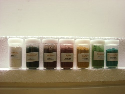 Oxidfarben-Pigment-Sortiment mit 8 verschiedenen Oxidfarben für Kalk-, Leim-, Öl- und Binderfarben. In 8 verschraubbaren, nachfüllbaren 50-ml-PP-Klarsicht-Behältern. Oxidfarben-Pigment-Sortiment mit 8 verschiedenen Oxidfarben für Kalk-, Leim-, Öl- und Binderfarben. In 8 verschraubbaren, nachfüllbaren 50-ml-PP-Klarsicht-Behältern. von Kalk-Laden