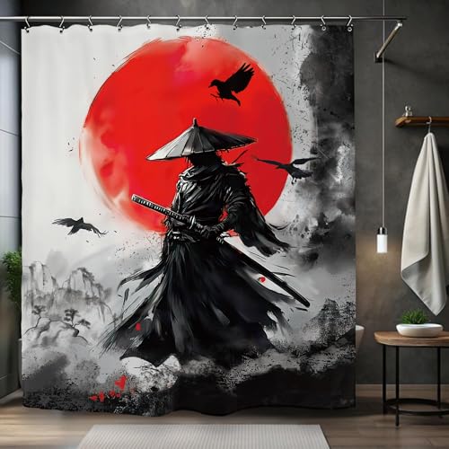 Kalmico Duschvorhang, japanischer Anime, 152 x 183 cm, cooles Samurai, Teenager, Jungen, Mann, Badezimmer-Set, Zubehör, Dekor mit 12 Haken, Schwarz / Rot Kalmico Duschvorhang, japanischer Anime, 152 x 183 cm, cooles Samurai, Teenager, Jungen, Mann, Badezimmer-Set, Zubehör, Dekor mit 12 Haken, Schwarz / Rot von Kalmico