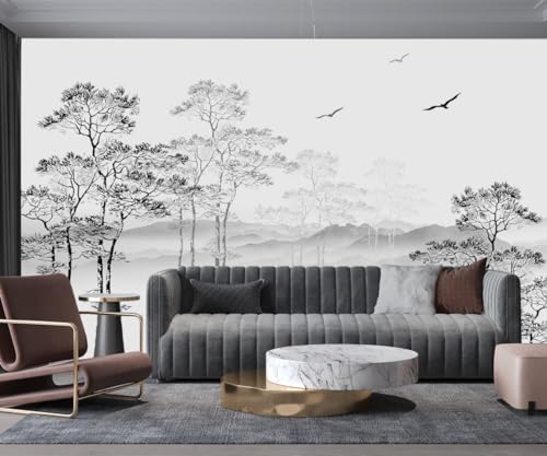 Fototapete 3D Seide Schwarz und Weiß Natur Wald, 356 X 250 cm Wandbild Panorama Bäume Berg Vögel Minimal für Wohnzimmer, Erwachsene, Kinderzimmer, Restaurant Dekoration von Kalodity