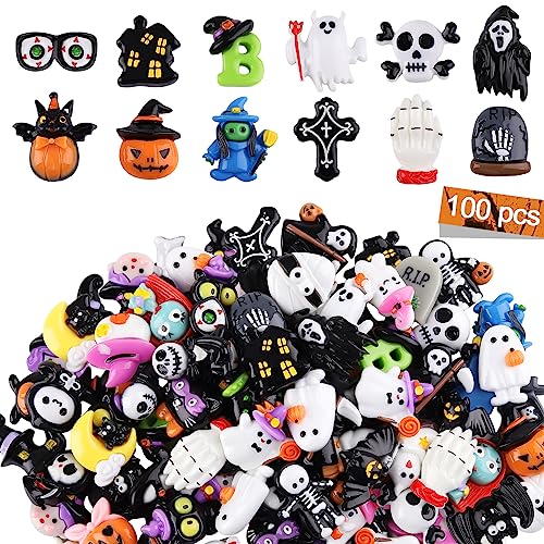 100 Stück Halloween Flatback Charms, Kalolary Niedliche Halloween Charms mit Flacher Rückseite Geister Kürbis Harz Ornamente Kawaii Schädel Schleim Verzierung Miniaturen DIY Basteln Schmuckherstellung von Kalolary