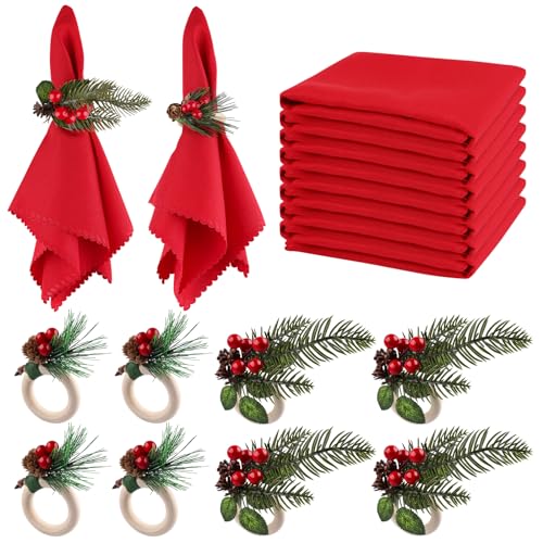 16 teiliges Weihnachtsservietten und Ringe Set, Kalolary 8 Stück Weihnachtsserviettenschnallen 8 Stück Rote Waschbare Weihnachtsservietten Stoff Rote Beeren Weihnachtsfeiertage Party Tischdekoration von Kalolary