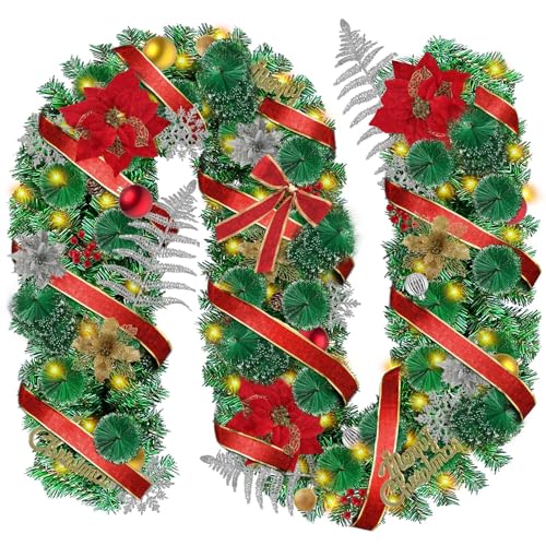 Kalolary 9FT Künstliche Weihnachtsgirlande, Künstlicher Tannengirlande, Weihnachtskugeln, Tannenzapfen, Beeren, Schneeflocken, Blätter, Blumen für Kaminsims, Veranda, Treppe, Geländer Dekoration von Kalolary