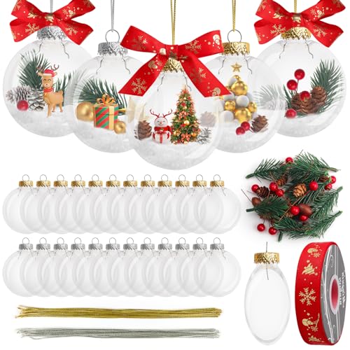 24 Stück befüllbare Weihnachtskugel Ornamente, Kalolary 2 Stile Weihnachtskugel Set mit Füllungen Schneeflockenband Weihnachts DIY Bastelkugel Ornament Weihnachtsbaum Urlaub Hochzeit Party Dekoration von Kalolary