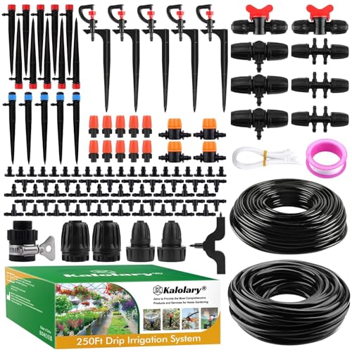 250 Fuß Garten Bewässerungssystem, Kalolary Garten Bewässerung Kit mit 1/4 Zoll + 1/2 Zoll Verteilerrohr Verstellbares Mikrobewässerungssystem Tropfbewässerungsausrüstung für Pflanzen Terrasse Rasen von Kalolary