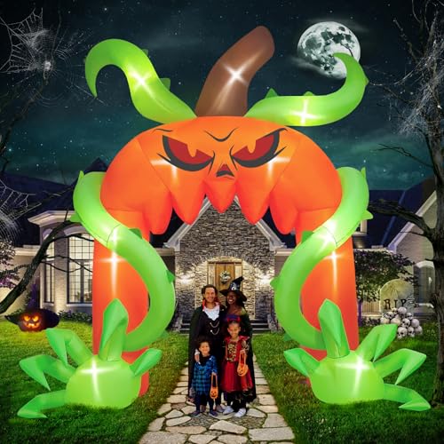 Kalolary 12 Fuß hoher Aufblasbarer Halloween Kürbis Bogen, Aufblasbares Kürbistor mit Rankenform Große Halloween Dekoration Drinnen Draußen Feiertagsdekoration Rasen Aufblasbare Zuhause Familienparty von Kalolary