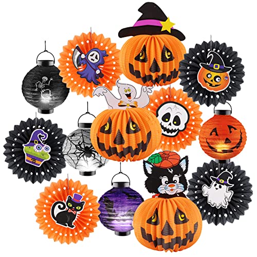 Kalolary 13 Teiliges Halloween-Dekorationsset, Halloween Hängende Seidenpapier Blumenfächer Papierkürbis Hängelaternen mit LED-Licht für Zuhause im Freien Yard Party Decors von Kalolary