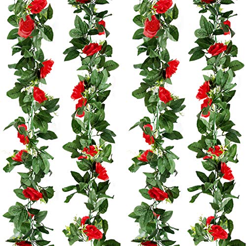 Kalolary 2 Pack 15 FT Künstliche Rosenrebe Seidenblume Girlande Gefälschte Hängende Rose Efeugirlande Startseite Hochzeitsfeier Garten Wanddekoration (Rot) von Kalolary