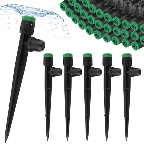 Kalolary 50 Stück 1/4" Bewässerungstropfen mit Verriegelung, Tropfbewässerungsdüsen für 4/7 mm Rohre, 360 Grad Einstellbarer Vortex Wasserdurchflusssprüher, Mikro Tropfsystem Teile für Rasen (Grün) von Kalolary