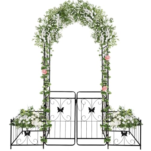 2,2 M Gartenbogen mit Tor und Pflanzkästen, Kalolary Metall Hochleistungs Gartenlaube für Kletterpflanzen Hochzeit Spalier Torbogen Hochbeet Rosenreben Kletterstütze für Hinterhof Terrasse im Freien von Kalolary