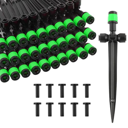 Kalolary Tropfbewässerungs-Emitters - 30 Stück Schnellanschluss Verstellbare 360 Grad Wasser-Emitters für 1/4" Schlauch, Langlebige Bewässerungs-Tropfer für Garten, Rasen (Pfahl Tropfer, Grün) von Kalolary