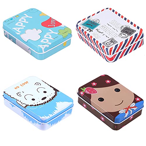 4 Stück Metall Rechteckige Dose, Keksdose, Metalldose, Retro flach Vorratsdose, Blechdose, Weißblech Box Geschenkdose mit Deckel für Bonbons Tee Vorratsbehälter, 9 x 6.5 x 2.5cm (4 Stil) von Kalsey