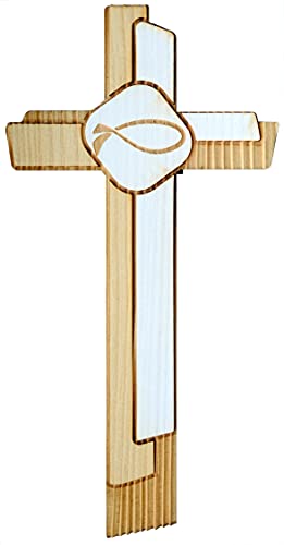 Kaltner Präsente Geschenkidee - 18 cm Wandkreuz Echtes Holz Kreuz Fichte Kruzifix mit Fisch Symbol für die Wand modern gefertigt im Grödner Tal Südtirol von Kaltner Präsente