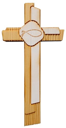 Kaltner Präsente Geschenkidee - Echtholz Wandkreuz Holz Kreuz Fichte Kruzifix Fisch Symbol Modern für die Wand modern gefertigt im Grödner Tal Südtirol (Höhe 24 cm) von Kaltner Präsente