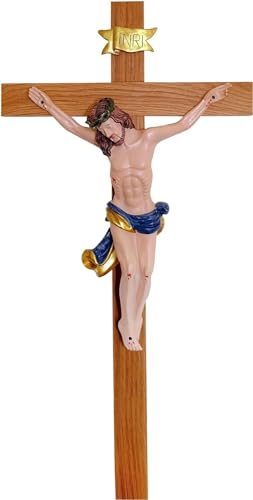 Kaltner Präsente Geschenkidee - 35 cm Wandkreuz Kruzifix aus Holz Fichte eichenholz farbig gebeizt mit Jesus Christus Figur auf Kreuz von Hand bemalt von Kaltner Präsente