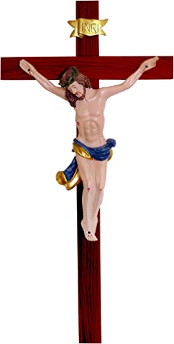 Kaltner Präsente Geschenkidee - 50 cm Wandkreuz Kruzifix aus Holz Fichte mahagoni farbig gebeizt mit Jesus Christus Figur auf Kreuz von Hand bemalt von Kaltner Präsente
