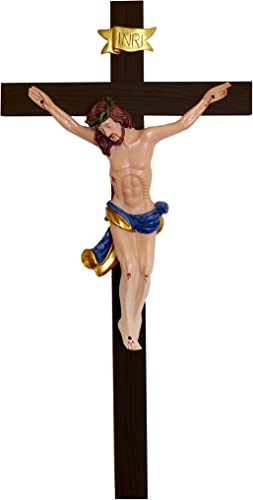 Kaltner Präsente Geschenkidee - 53 cm Wandkreuz Kruzifix aus Holz Fichte schwarz gebeizt mit Jesus Christus Figur auf Kreuz von Hand bemalt von Kaltner Präsente