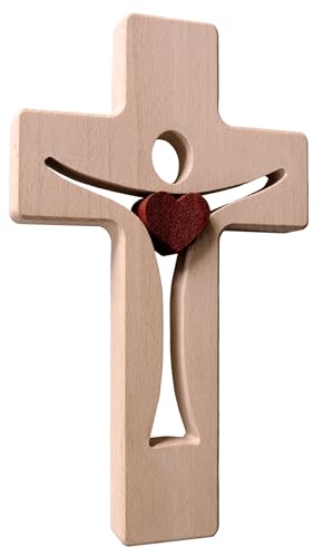 Kaltner Präsente Geschenkidee - Design Wandkreuz Buche mit Echtholz Herz aus Mahagoni Holz Kreuz für die Wand Kruzifix modern (Höhe 20 cm) von Kaltner Präsente