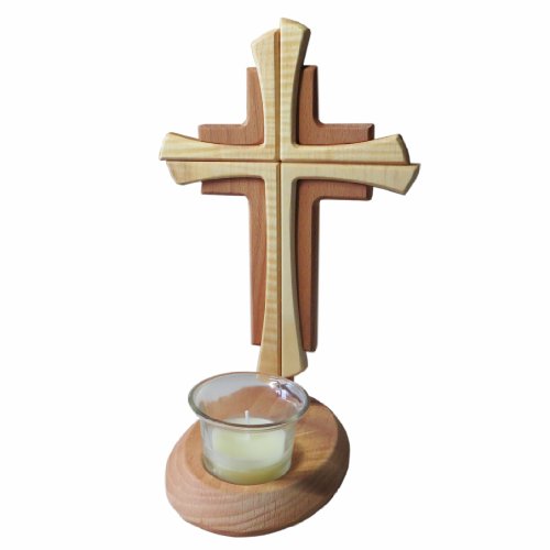 Kaltner Präsente Geschenkidee - Echtes Holz Buche Kreuz Kruzifix mit Teelicht 25 cm modern von Kaltner Präsente
