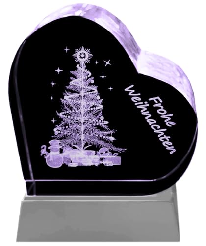 Kaltner Präsente Geschenkidee - Herz aus Glas: Kristallglas mit 3D-Laser-Gravur Geschenke Weihnachtsbaum Schriftzug/Frohe Weihnachten/inklusive LED Untersetzer von Kaltner Präsente