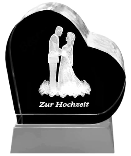 Kaltner Präsente Geschenkidee – Herz aus Glas: Kristallglas mit 3D-Laser-Gravur Motiv Brautpaar/ZUR HOCHZEIT/inklusive LED Untersetzer von Kaltner Präsente