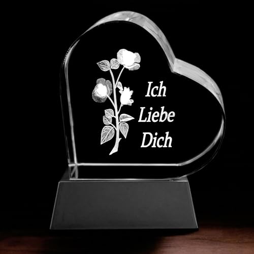 Kaltner Präsente Geschenkidee – Herz aus Glas: Kristallglas mit 3D-Laser-Gravur Rose - Ich Liebe Dich/inklusive LED Untersetzer von Kaltner Präsente