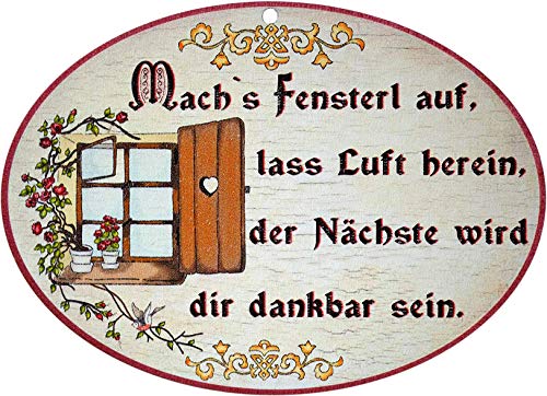 Kaltner Präsente Geschenkidee - Holz Geschenkartikel Deko Türschild im Antik Design Dekoartikel Motiv Toilette Mach´s Fenster auf (Ø 18 cm) von Kaltner Präsente