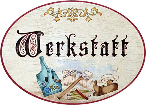 Kaltner Präsente Geschenkidee - Holz Geschenkartikel Deko Türschild im Antik Design Dekoartikel Motiv Werkstatt (Ø 18 cm) von Kaltner Präsente