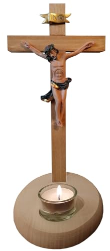 Kaltner Präsente Geschenkidee – Kreuz Holzkreuz Kruzifix Stehkreuz aus Echtholz Fichte und Ahorn mit Teelicht (Höhe 26 cm) von Kaltner Präsente