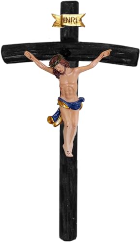 Kaltner Präsente Geschenkidee: 15 cm Wandkreuz Kruzifix aus Holz Fichte schwarz gebeizt - Handgemalte Jesus Christus Figur aus hochwertigen Kunstguss aus Resin – Dekoration von Kaltner Präsente