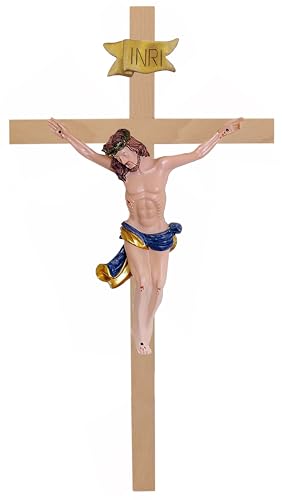 Kaltner Präsente Geschenkidee – Holzkreuz Wandkreuz Kruzifix aus Echtholz Buche Kreuz unbehandelt mit Jesus Christus Figur aus Kunststein handbemalt (Höhe 35 cm) von Kaltner Präsente