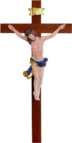 Kaltner Präsente Geschenkidee – Holzkreuz Wandkreuz Kruzifix aus Echtholz mit Jesus Christus Figur aus Kunststein handbemalt/Kreuz nussbaumfarbig gebeizt (Höhe 35 cm) von Kaltner Präsente