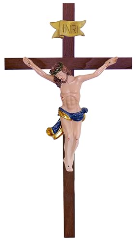 Kaltner Präsente Geschenkidee – Holzkreuz Wandkreuz Kruzifix aus Echtholz Buche Kreuz Nussbaum mit Jesus Christus Figur aus Kunststein handbemalt (Höhe 35 cm) von Kaltner Präsente