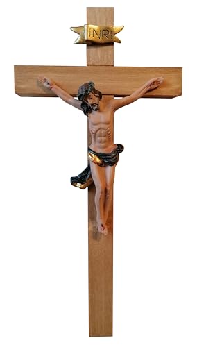 Kaltner Präsente Geschenkidee – Wandkreuz Kruzifix Kreuz aus Holz Farbe Eiche mit Jesus Christus Korpus handbemalt (Höhe 25 cm) von Kaltner Präsente