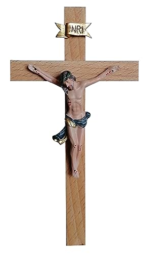 Kaltner Präsente Geschenkidee – Holzkreuz Wandkreuz Kruzifix aus Echtholz Buche Kreuz unbehandelt mit Jesus Christus Figur aus Kunststein handbemalt (Höhe 15 cm) von Kaltner Präsente
