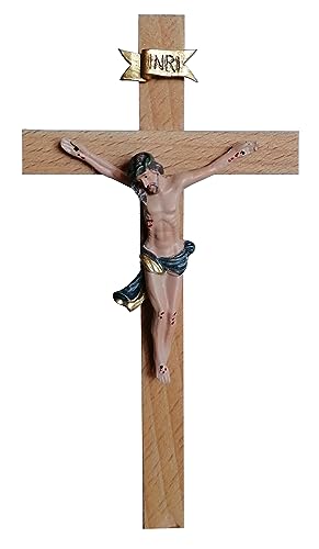 Kaltner Präsente Geschenkidee – Holzkreuz Wandkreuz Kruzifix aus Echtholz mit Jesus Christus Figur aus Kunststein handbemalt/Kreuz Buche Echtholz (Höhe 15 cm) von Kaltner Präsente