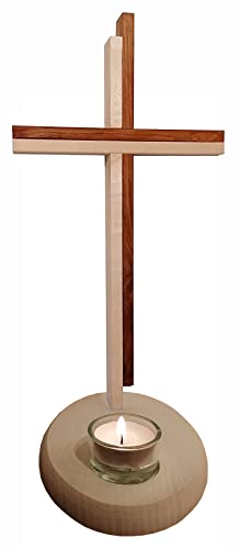 Kaltner Präsente Geschenkidee – Kreuz Stehkreuz Standkreuz Holzkreuz Kruzifix aus Echtholz Buche, Birke und Ahorn mit Teelicht (Höhe 32 cm) von Kaltner Präsente