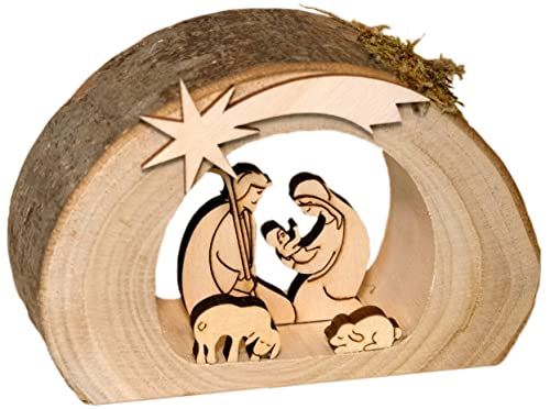Kaltner Präsente Geschenkidee - Weihnachtskrippe Krippe aus Holz mit Jesus, Maria und Kind in einem Baumstamm mit Rinde von Kaltner Präsente