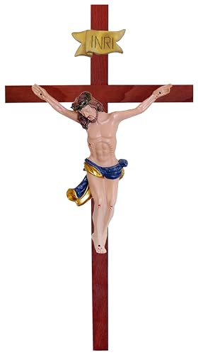 Kaltner Präsente Geschenkidee – Holzkreuz Wandkreuz Kruzifix aus Echtholz Buche Kreuz Mahagoni mit Jesus Christus Figur aus Kunststein handbemalt (Höhe 50 cm) von Kaltner Präsente