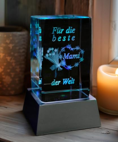 Kaltner Präsente Stimmungslicht - Das perfekte Geschenk: LED Kerze/Kristall Glasblock / 3D-Laser-Gravur Blumen Mutter - Für die beste Mami der Welt von Kaltner Präsente