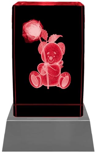 Kaltner Präsente Stimmungslicht - Das perfekte Geschenk: LED Kerze/Kristall Glasblock / 3D-Laser-Gravur Romantik Teddy mit Rose inklusive LED Beleuchtung von Kaltner Präsente