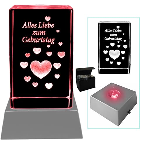 Kaltner Präsente Stimmungslicht - EIN ganz besonderes Geschenk: LED Kerze/Kristall Glasblock / 3D-Laser-Gravur Herzen/Alles Liebe zum Geburtstag/inklusive LED Untersetzer von Kaltner Präsente