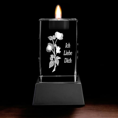 Kaltner Präsente Stimmungslicht LED Kerze/Kristall Glasblock / 3D-Laser-Gravur Teelicht Teelichthalter Rose - Ich Liebe Dich mit LED Beleuchtung von Kaltner Präsente